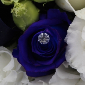 Centrotavola brillante rose blu e bianche dettaglio fiore