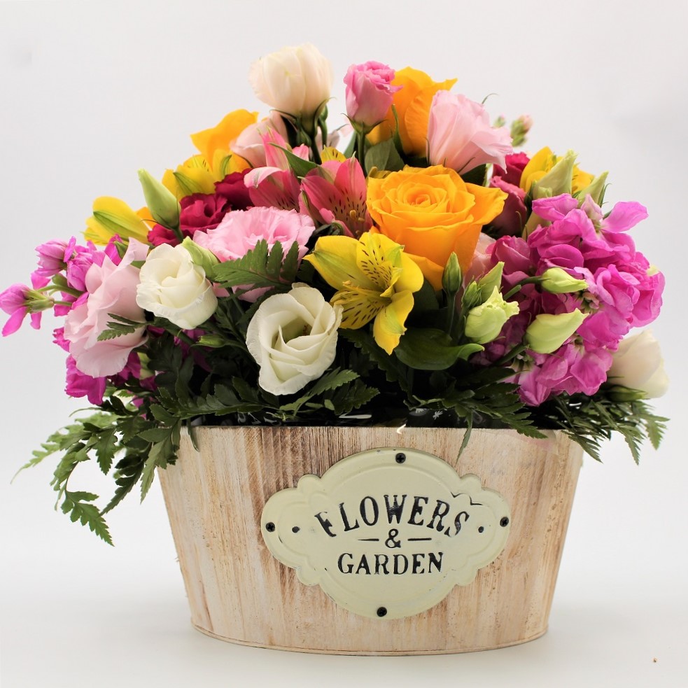 Recipiente in Legno di fiori Misti dettaglio sx