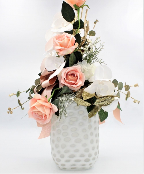 Composizione Natalizia Rosa in Vaso di Ceramica ap